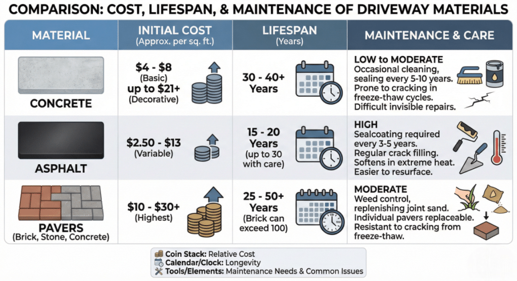 Infographic or Table Chart comparing Cost, Lifespan, and Maintenance of Concrete vs. Asphalt vs. Pavers