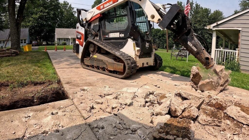 shot of a skid steer breaking up an old driveway or a truck loaded with concrete debris